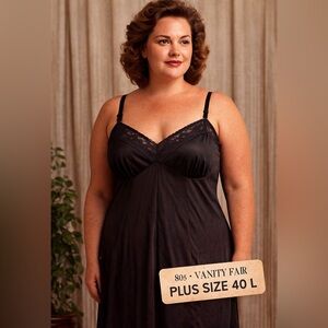 Vintage 80s Vanity Fair Black Nylon Lace Full Slip – Size 40 L (Plus Size)